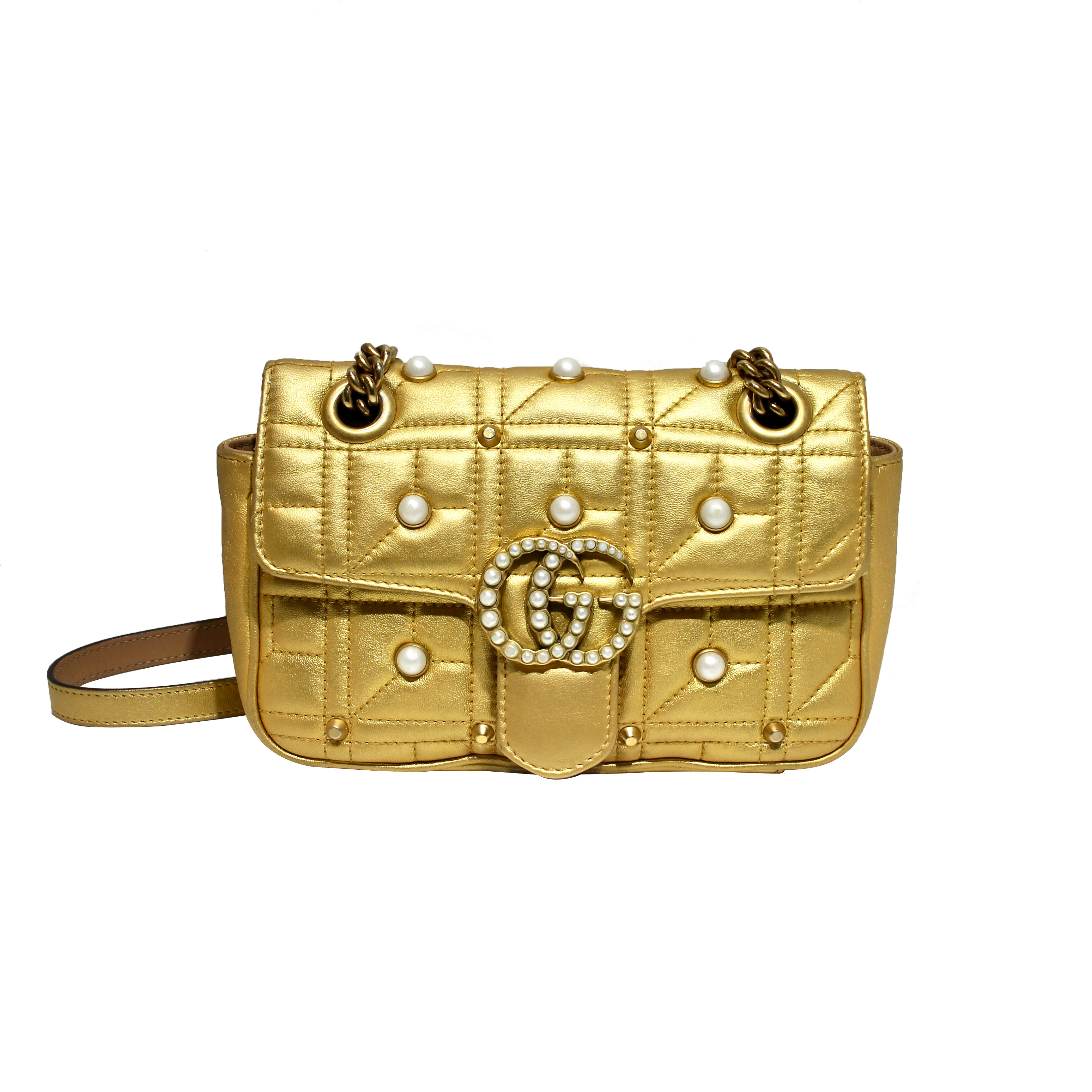 [9.5新]gucci古驰 marmont 22金色珍珠压纹单肩斜挎链条包