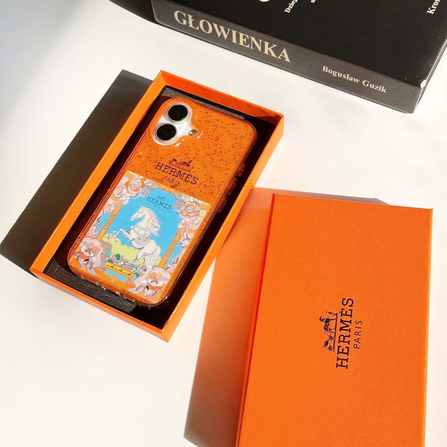 实拍全新闪粉双层爱马仕橙苹果系列手机壳