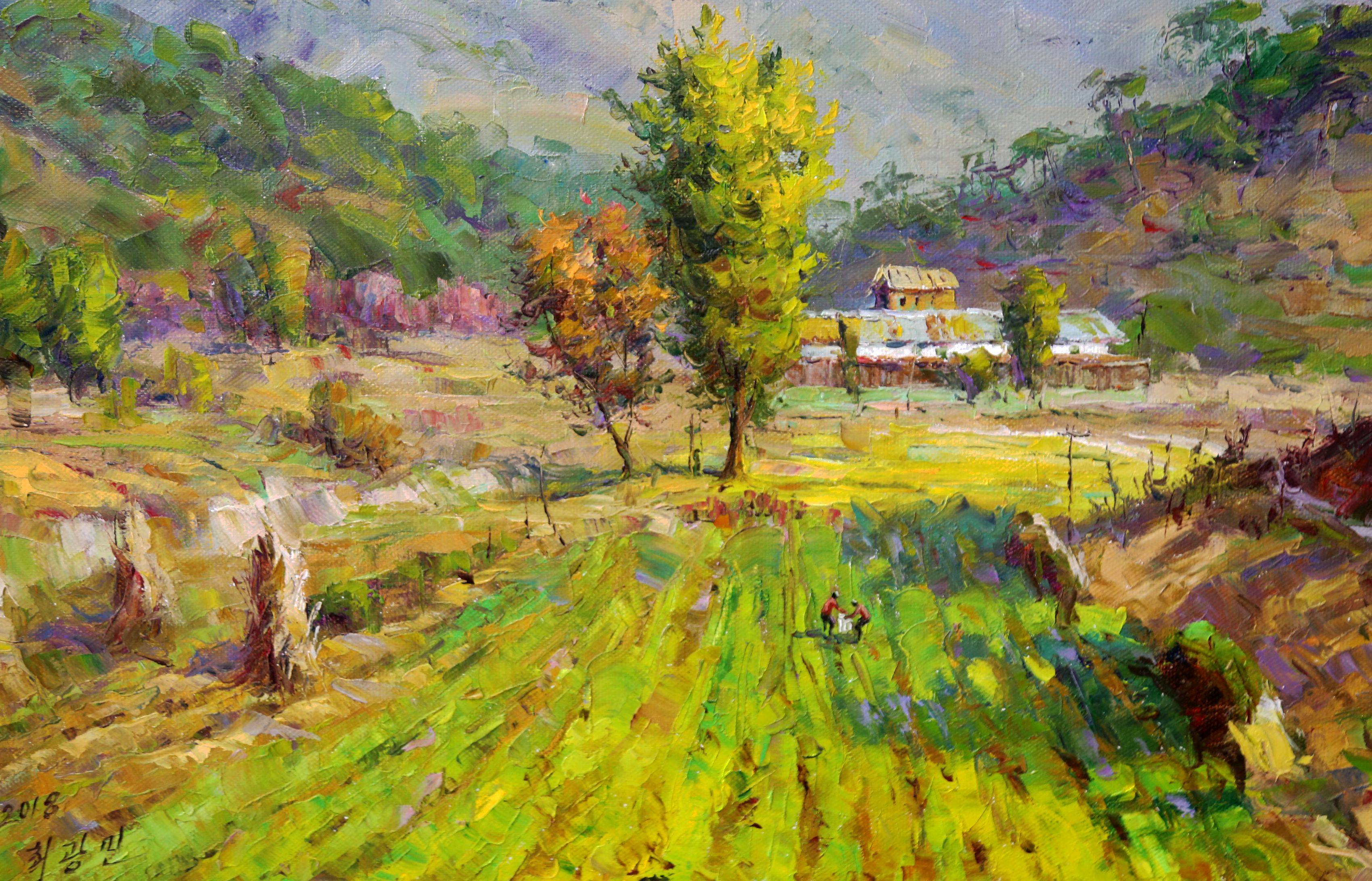 (朝鲜油画)一级艺术家 崔光民 《风景 耕种图》