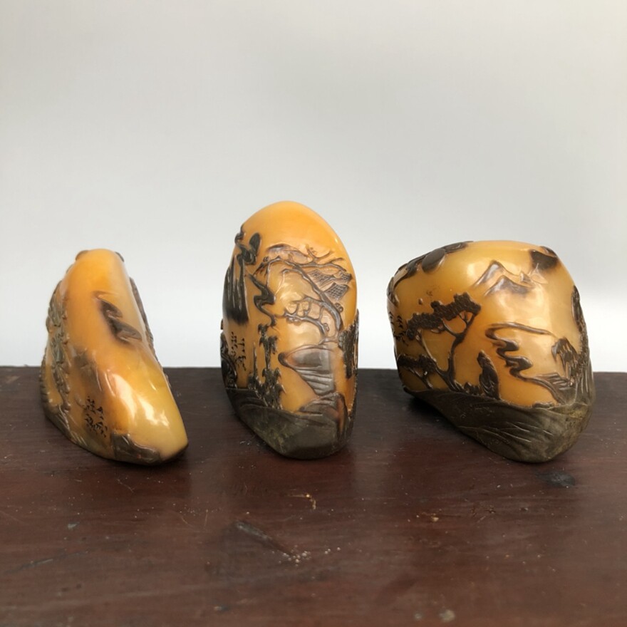 zzt827 旧藏汪泓款乌鸦皮寿山石博意印章一套三件 净总重242克