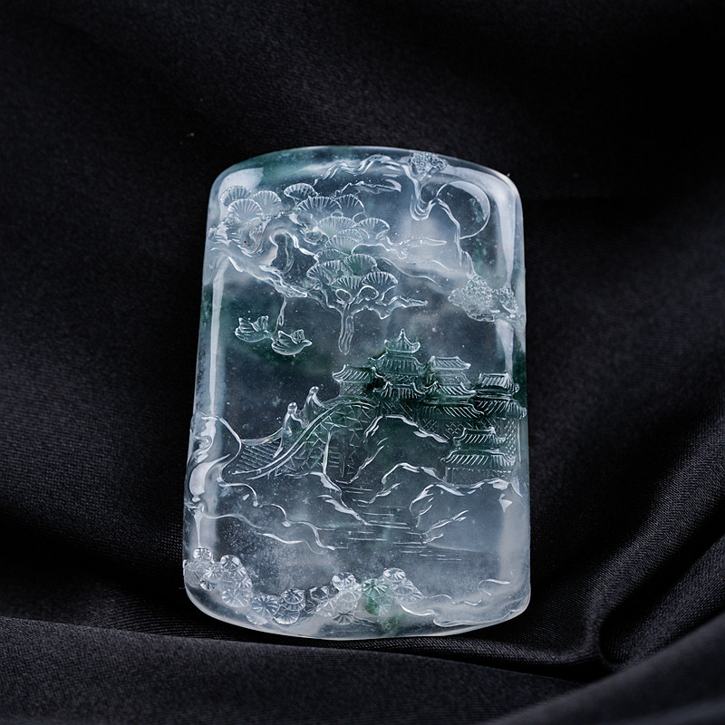 缅甸天然a货翡翠精品大师工艺高品质高冰起钢双面雕山水牌吊坠