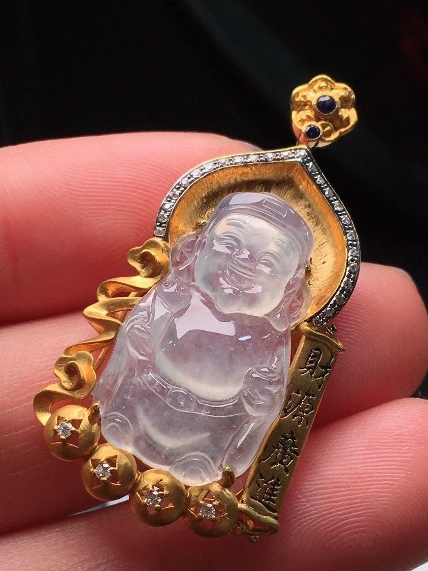 18k金豪华镶嵌正品玉石缅甸天然a货高端翡翠高冰种起胶财神爷吊坠