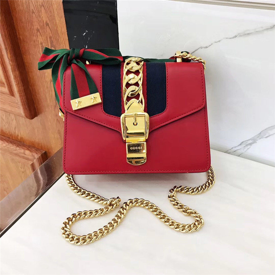 【奢品闪拍】[9.5新]gucci古驰sylvie系列红色迷你链条斜挎包