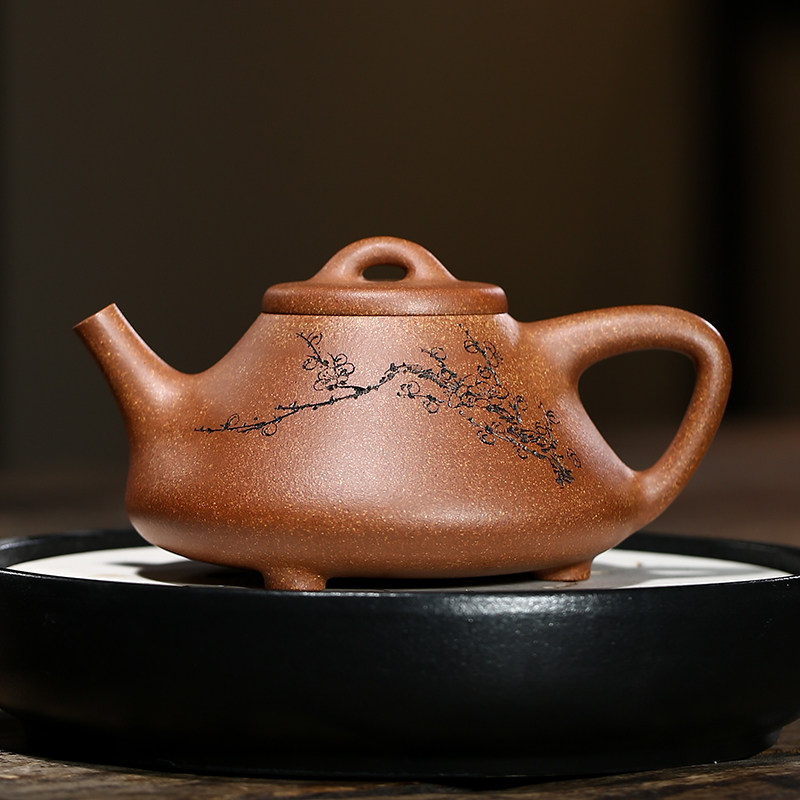 【掌柜推荐】许明凤子冶石瓢原矿降坡泥宜兴紫砂壶刻绘梅花全手工