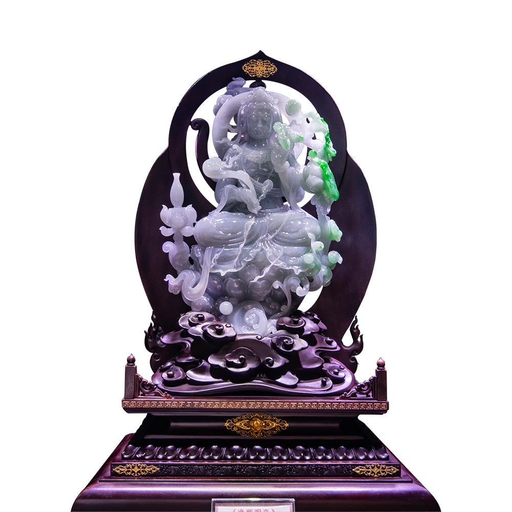 天然a货缅甸冰糯飘绿花翡翠观音巧雕收藏级摆件「净瓶观音」