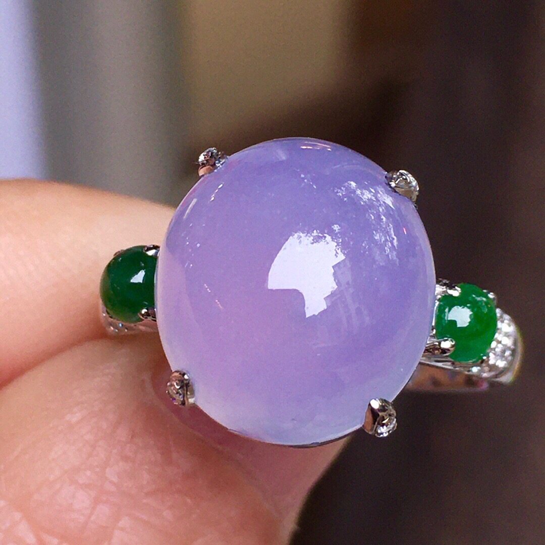 天然翡翠戒指冰种紫罗兰蛋面女戒18k缅甸玉石玉戒正品玉器饱满a货