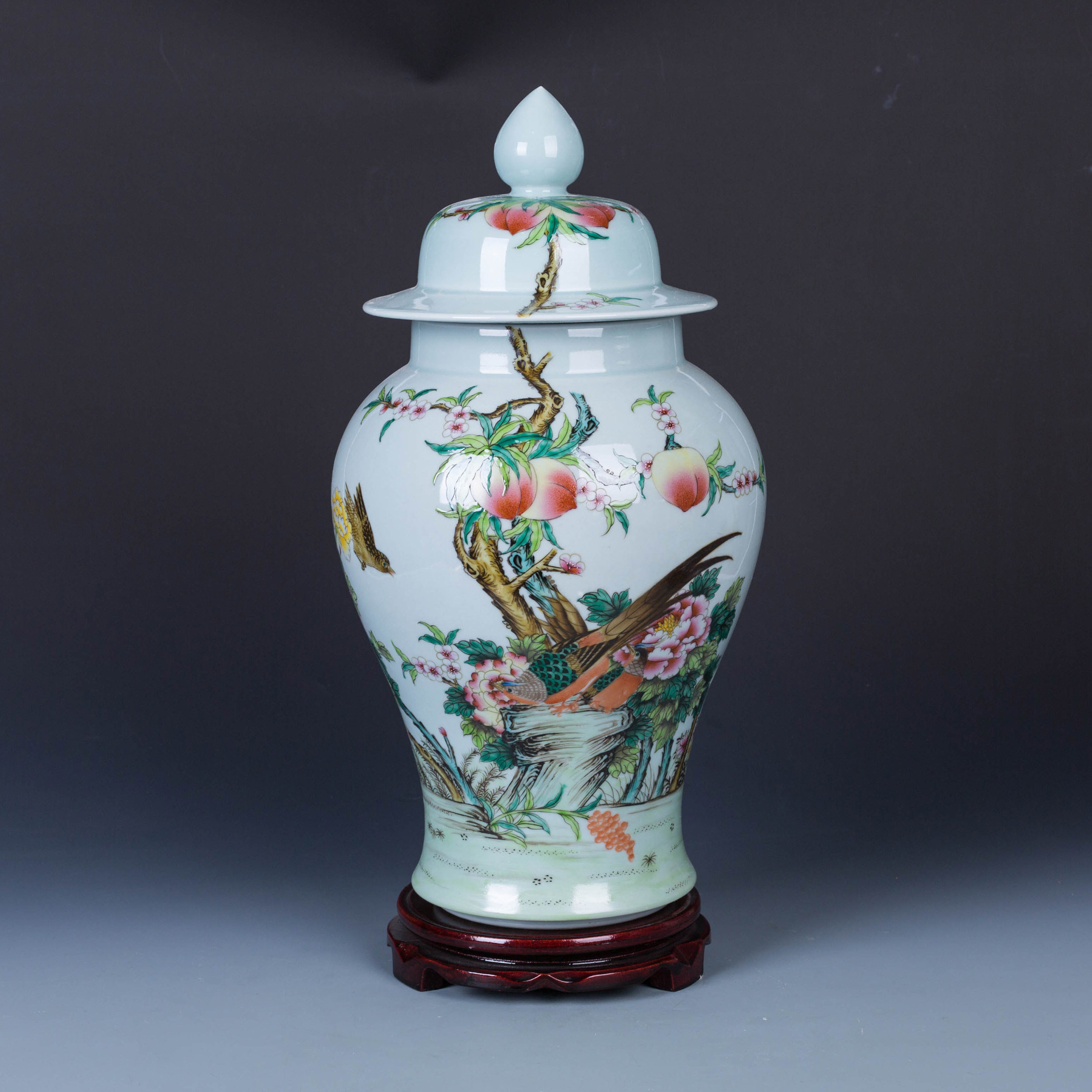 景德镇手绘粉彩寿桃花鸟瓶将军罐家居客厅书房摆件花瓶仿古