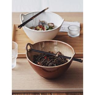 日式复古陶瓷创意窑变家用双耳碗可插筷大号汤碗沙拉碗拌面碗饭碗
