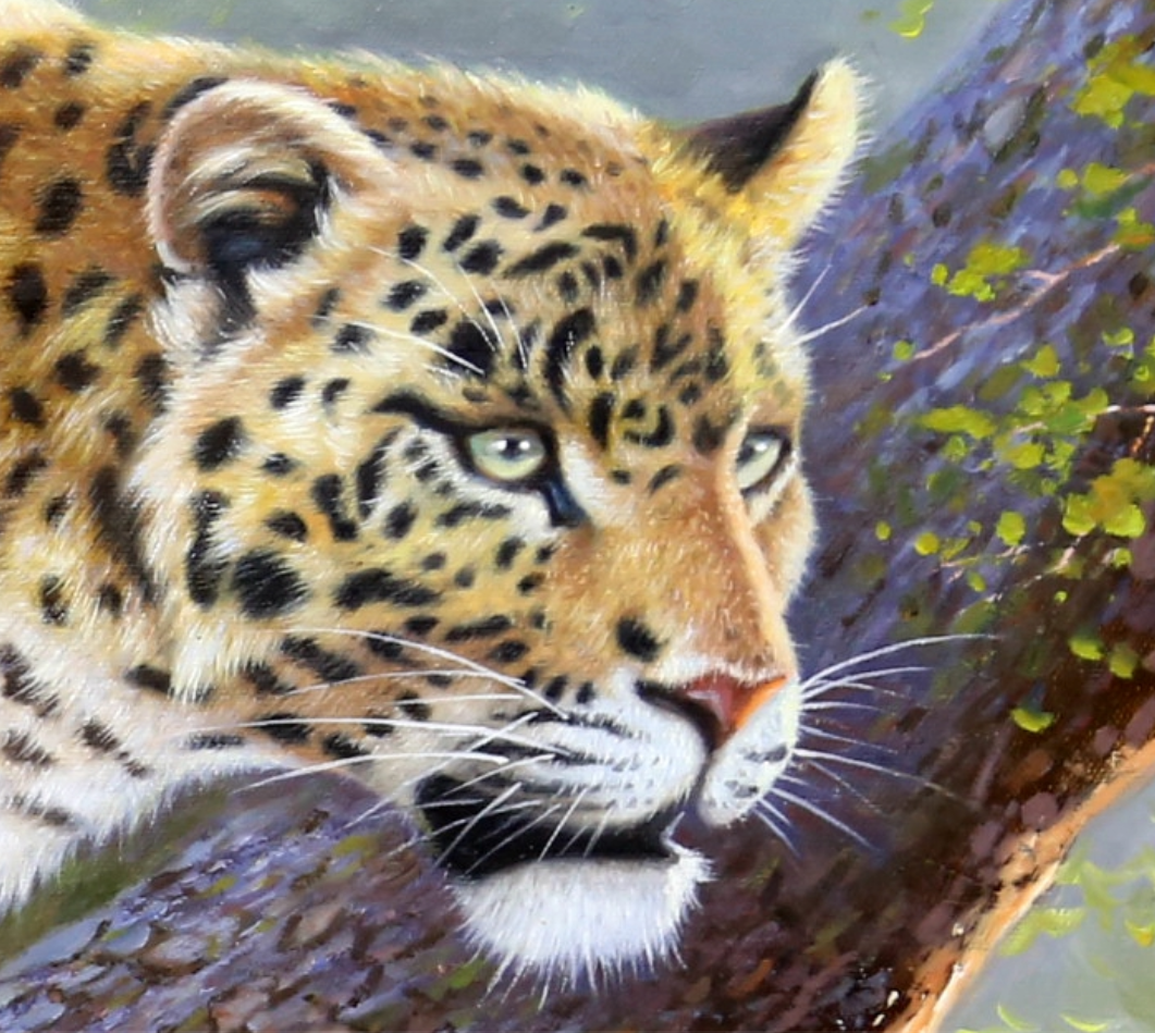 朝鲜油画 一级艺术家郑英勋动物豹子客厅餐厅办公室手绘高端超大