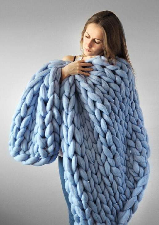 手工制作粗毛线手工编织毯子手臂针织毯毛线毯子沙发盖毯粗线毯子