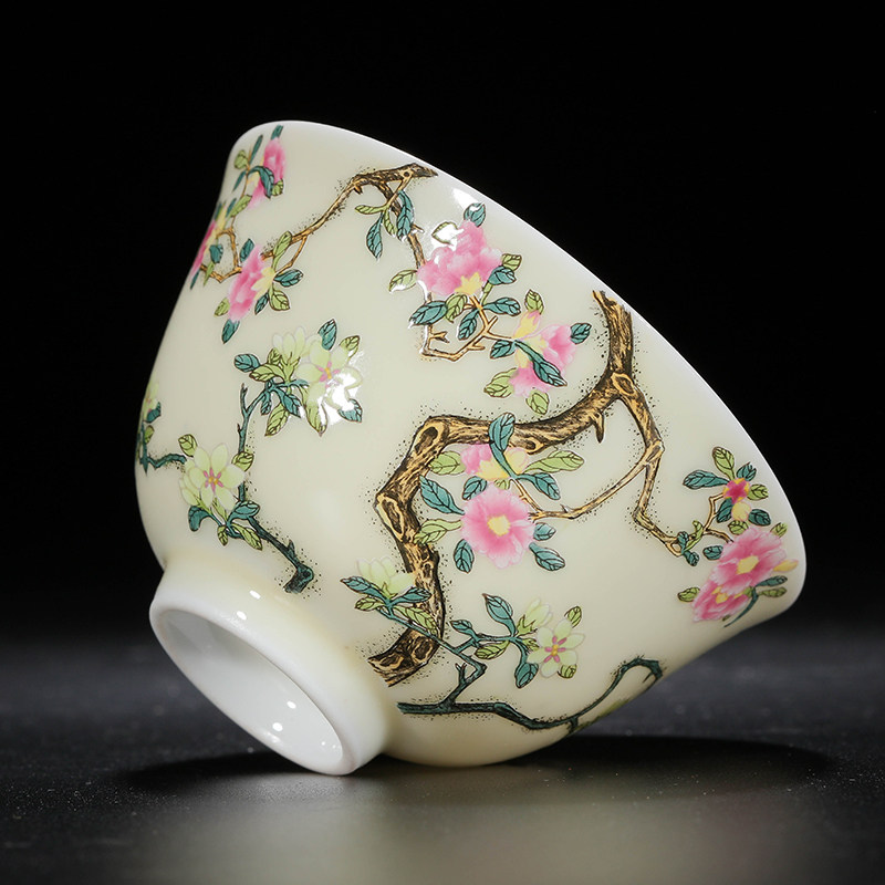 景德镇陶瓷功夫茶杯 珐琅彩桃花纹杯 官窑粉彩传承人