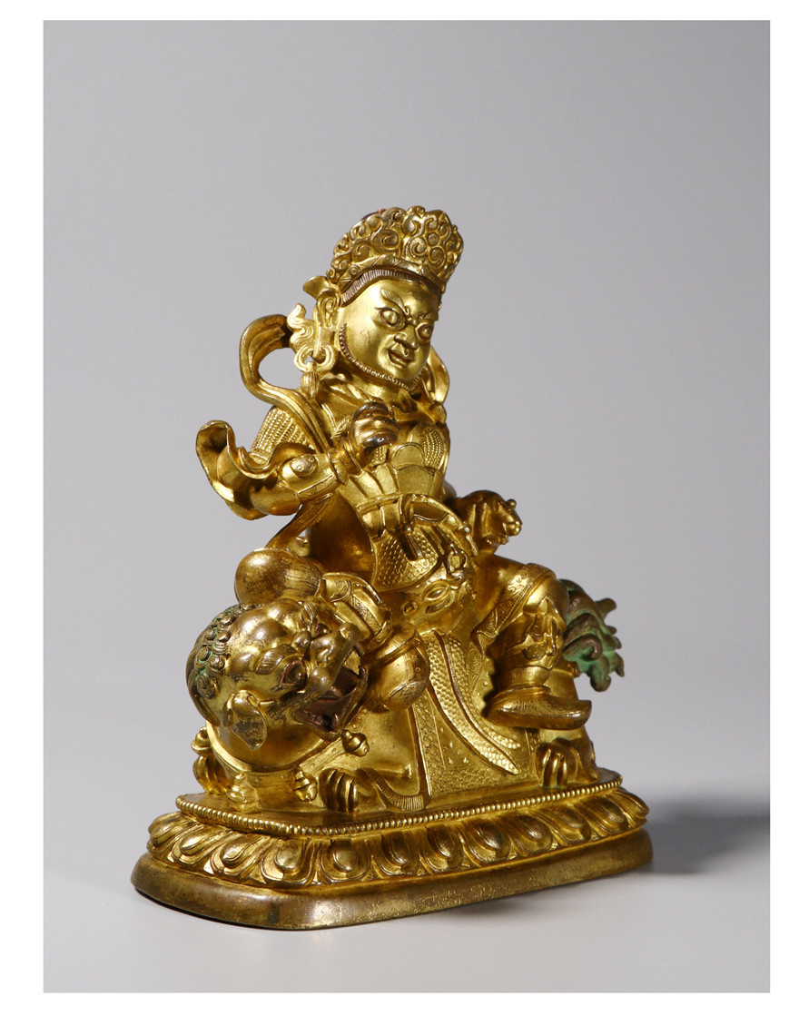 【鬼市】铜鎏金财宝天王骑狮坐像【重1378g】e742趣味收藏