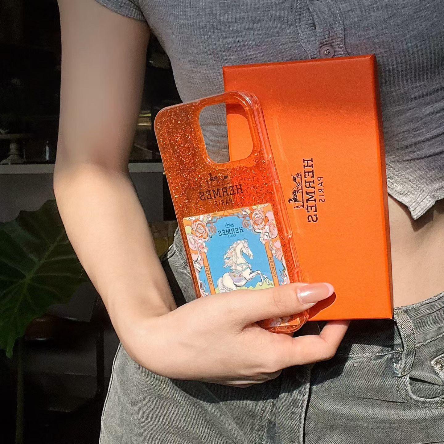 实拍全新闪粉双层爱马仕橙苹果系列手机壳