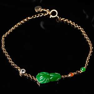 18k金镶玉小鱼手串翡翠年年有余绿玉石镶嵌手链女天然手饰2.43g