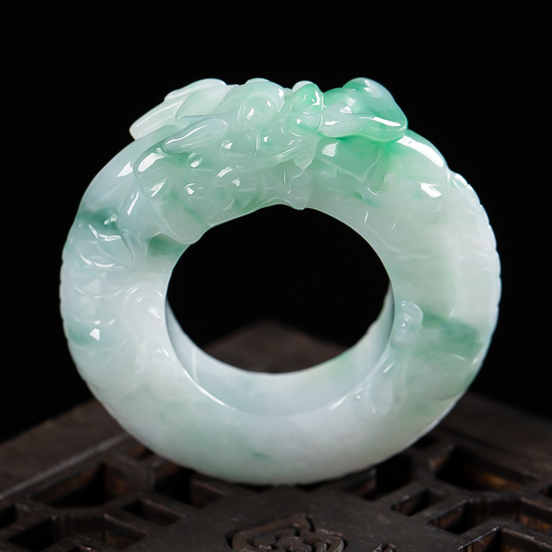 缅甸天然a货翡翠水润飘花雕龙戒指 20.38g