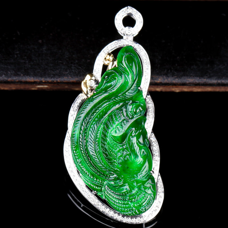 18k金伴钻镶嵌冰种满阳绿凤凰吊坠 6.13g