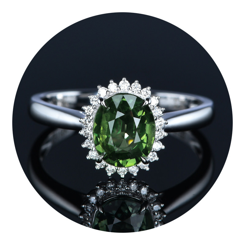 gil证书1.5克拉天然绿色蓝宝石戒指18k金镶嵌钻石