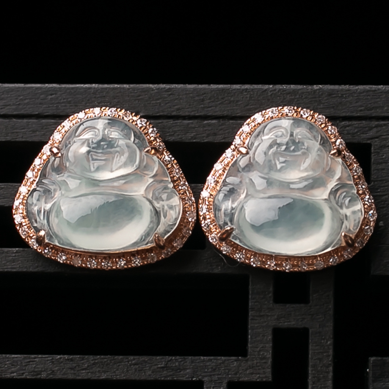 拍卖18k金伴钻缅甸翡翠a货老坑白冰佛公耳钉2.87克