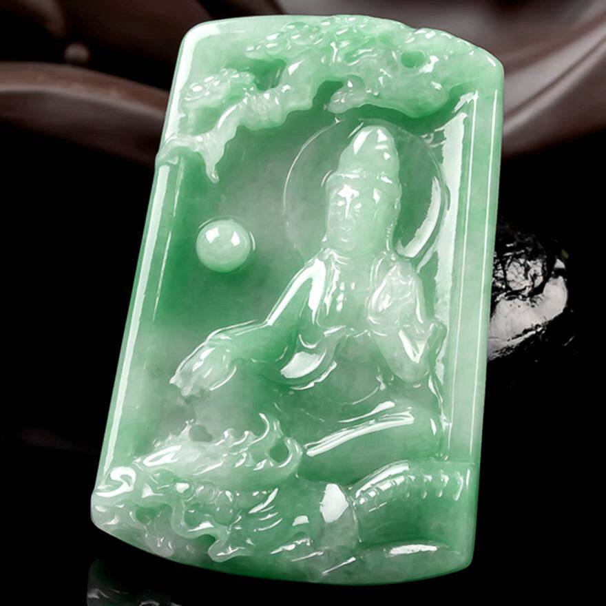 【百茂珠宝拍卖】天然a货翡翠 莹润满色飘绿御龙观音吊坠40.86g