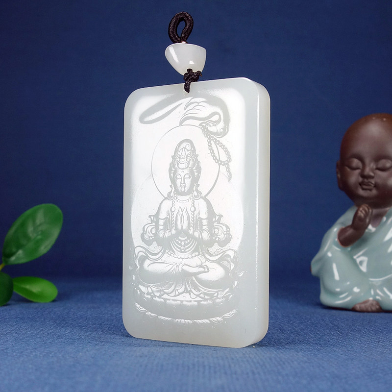 买就送车挂省玉雕大师吴春强新疆和田白玉慈沐众生玉观音玉坠71克