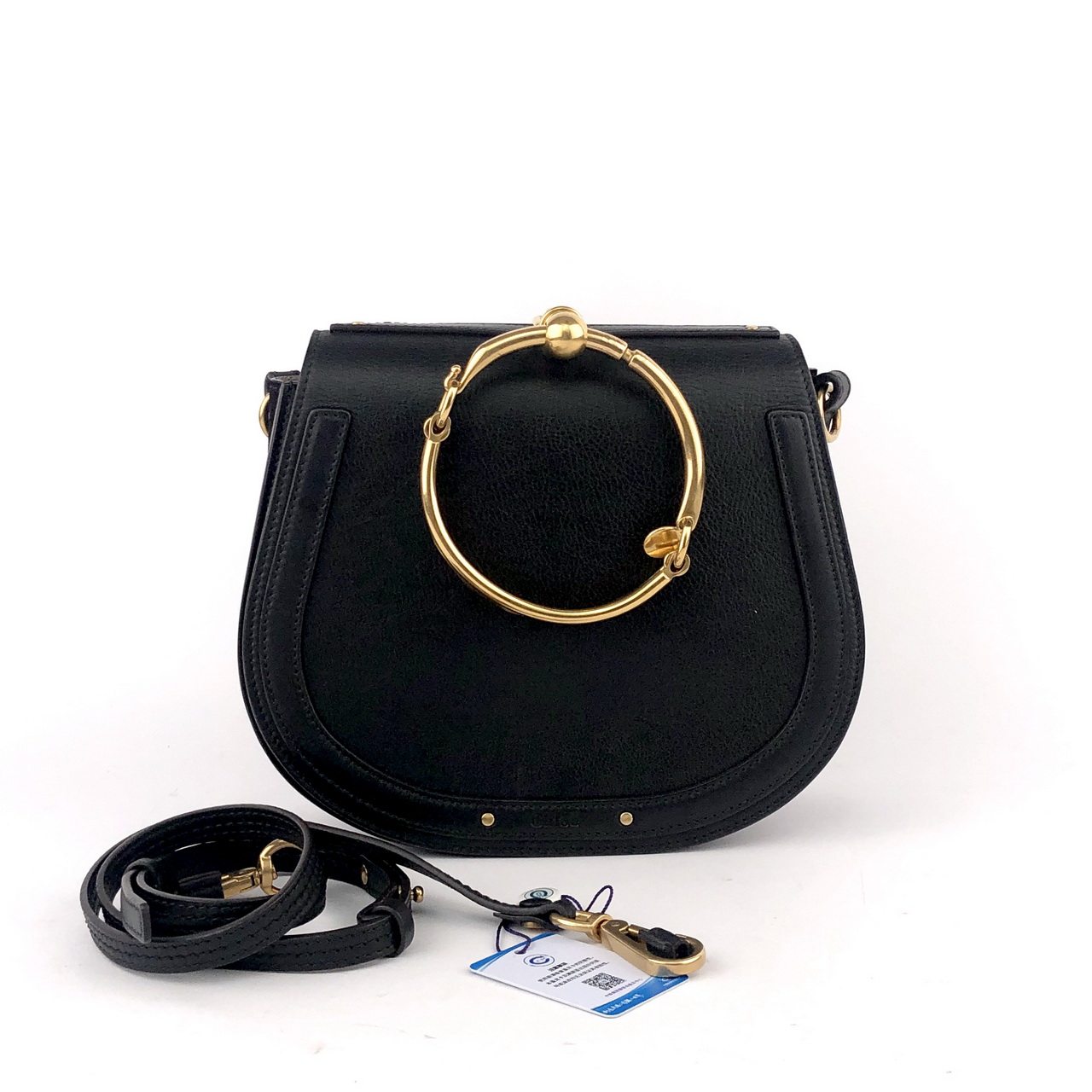 [9新]chloe蔻依nile黑金大号牛皮金属圆环马鞍包932cl