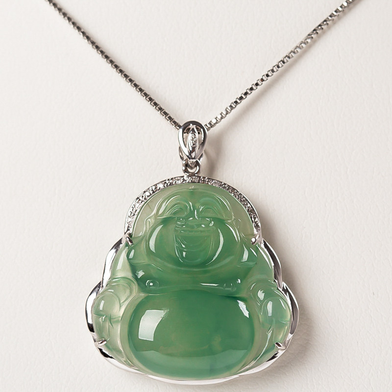 天然缅甸a货翡翠镶18k金伴钻玉佛公吊坠7.05g