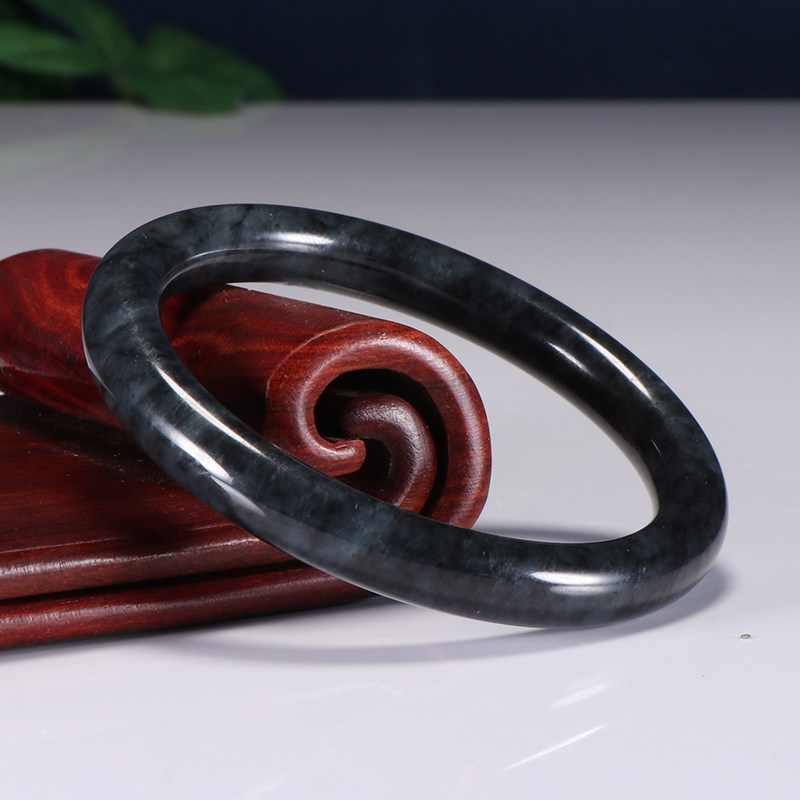 买就送 和田玉墨玉细圆条 手镯28.1387克 内径52.9#新疆天佑纳福