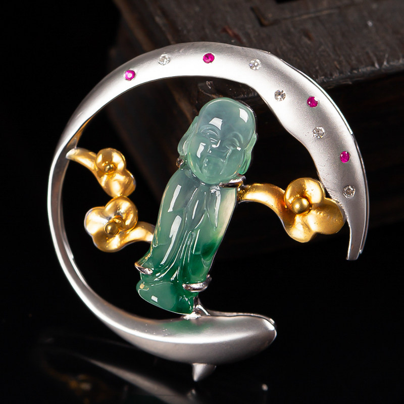 18k金镶嵌缅甸天然a货翡翠冰飘花小沙弥吊坠 3.94g