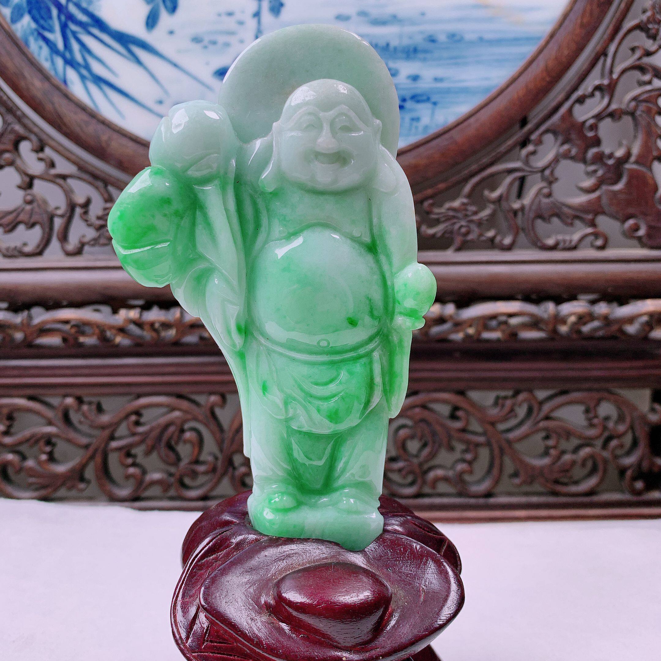 【源头翡翠】 手机自然光实拍 缅甸天然a货翡翠飘绿弥勒佛小摆件