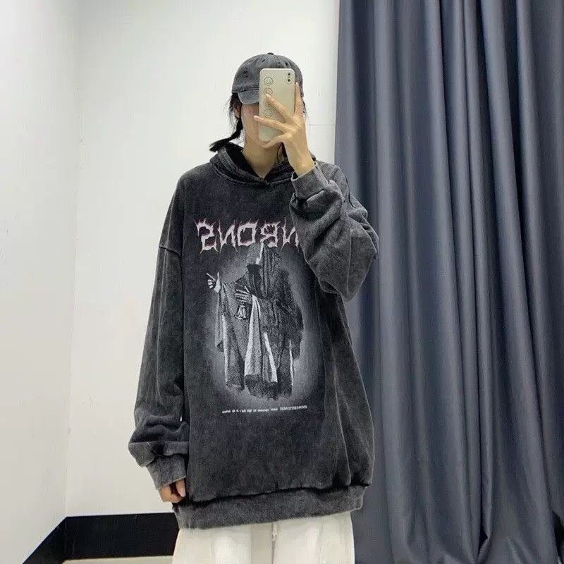 ​美式暗黑恶魔印花连帽卫衣，水洗灰色，宽松oversize版型