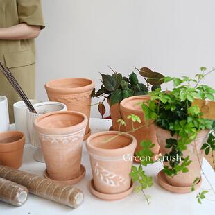 北欧简约多肉热植绿植罗马花盆复古红陶浮雕盆陶盆陶土盆透气