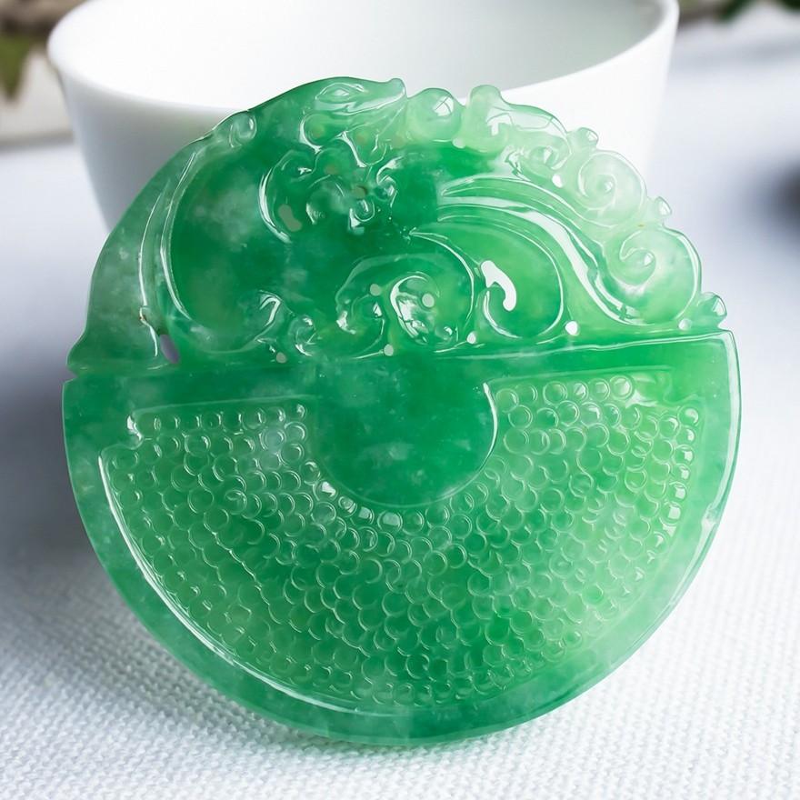 缅甸翡翠正品拍卖冰糯种水润油亮绿龙牌玉吊坠33.08g