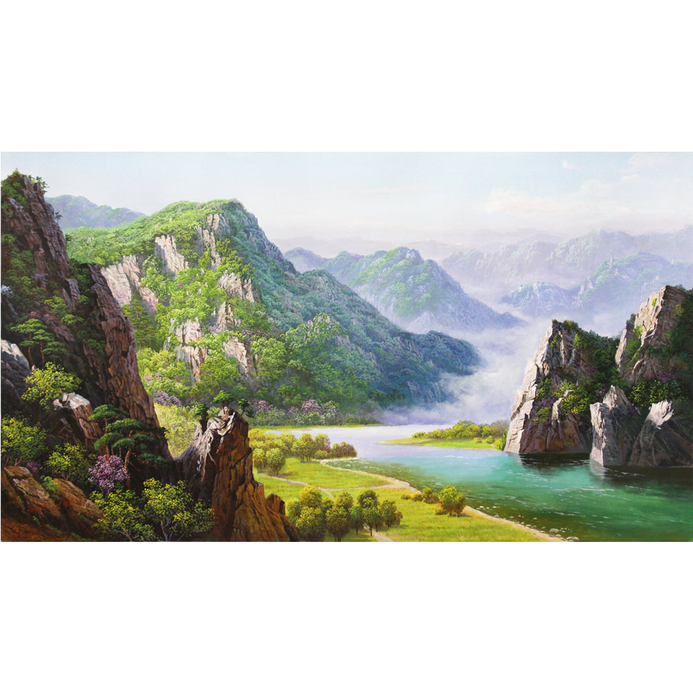 朝鲜一级艺术家 金哲进《群山聚流》巨幅1.6米风景油画 c2418