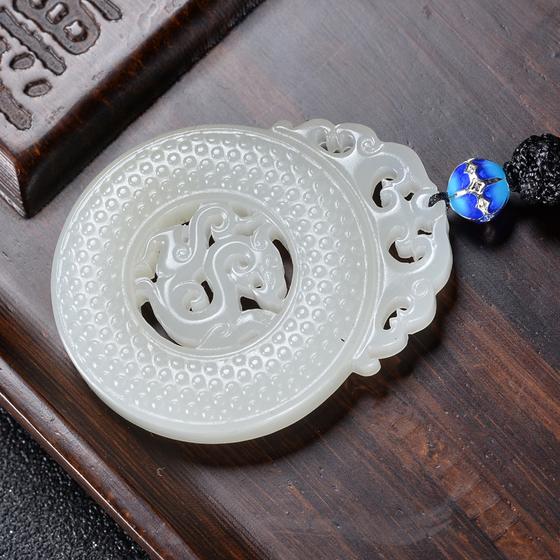 和田玉白玉龙凤呈祥仿古龙凤对牌含63.295克带绳