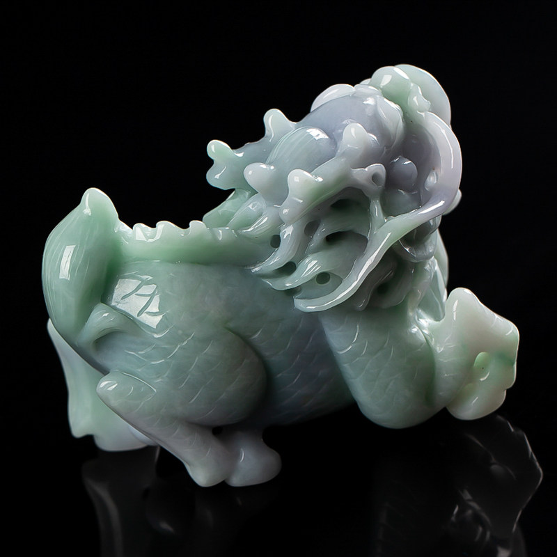 纯天然缅甸a货翡翠精雕麒麟手把件小摆件208.38g