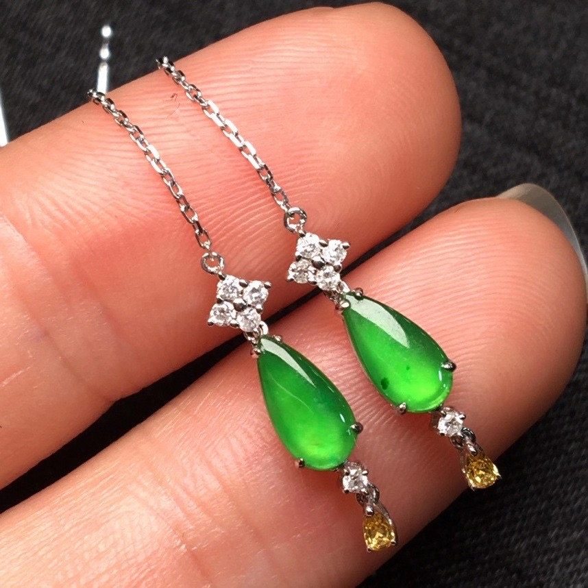 18k金豪华镶嵌时尚缅甸天然翡翠a货冰种阳绿饱满水滴耳钉耳坠耳勾