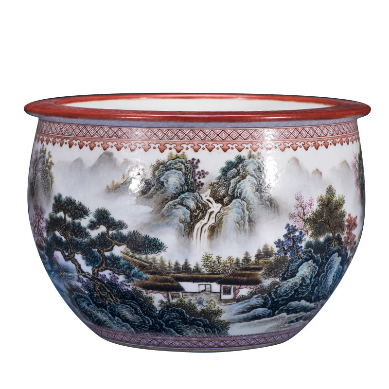 孤品!系30年代景德镇民间匠人款 手绘粉彩山水纹缸