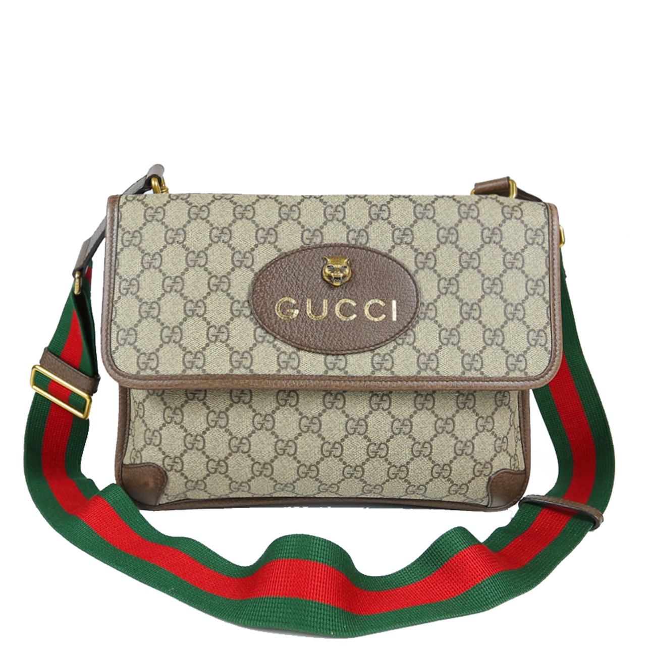 [9.8新]古驰gucci中性虎头棕色印花斜挎邮差包aab2003033