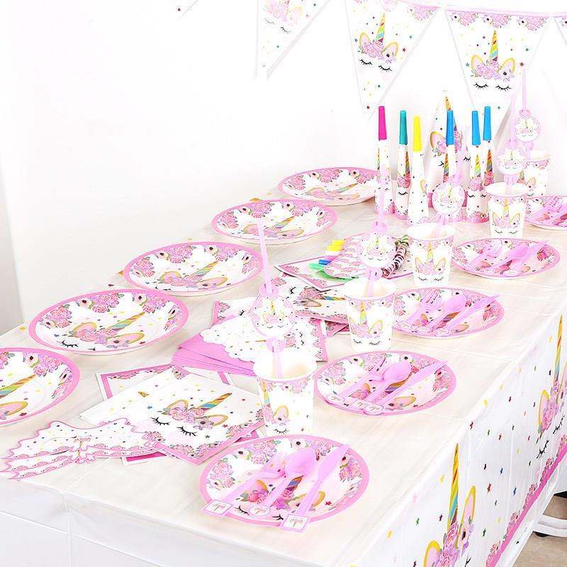 餐具独角兽unicorn粉色纸杯纸盘纸巾叉勺桌布儿童生日派对装饰品