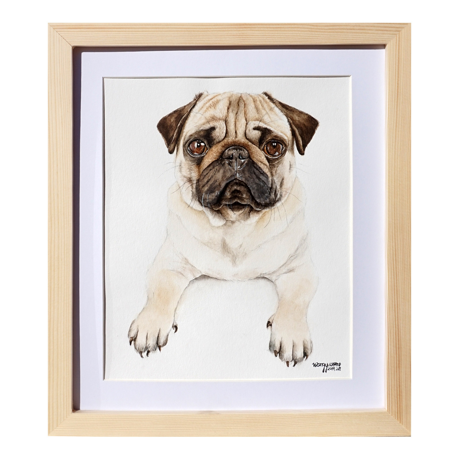 王玉伟《巴哥犬》纸本水彩已装裱