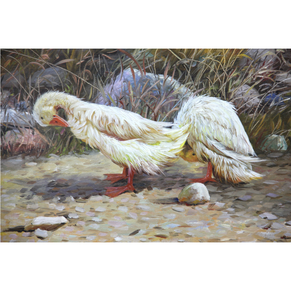 朝鲜一级画家 元日《鸭》平壤美术大学 c541 动物油画