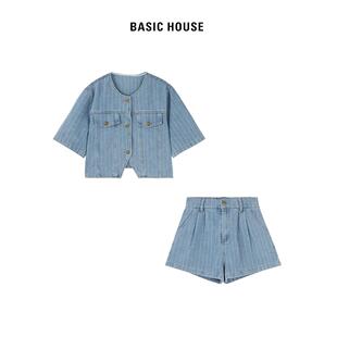 Basic House/百家好牛仔短袖外套女2024春季新款宽松牛仔短裤套装