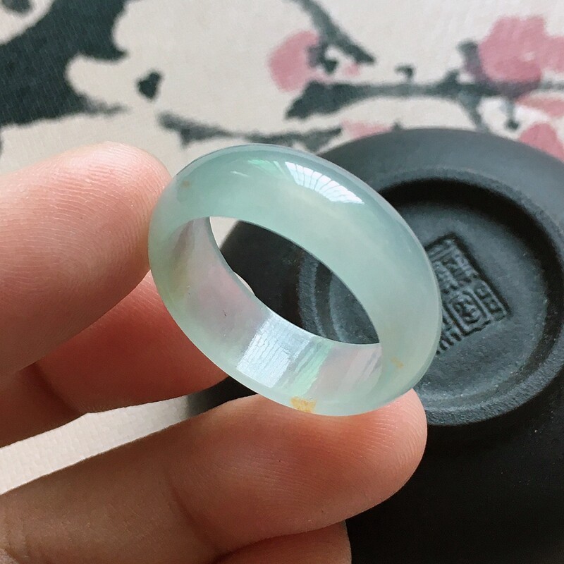 一元竞拍 手机自然光实拍缅甸天然正品a货冰种飘黄指环戒指 4.55g