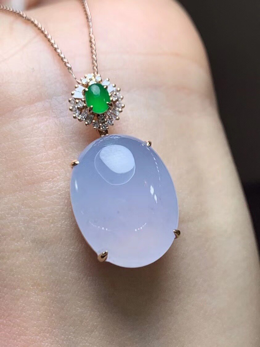 18k金豪华镶嵌 正品玉石缅甸天然a货翡翠冰种紫罗兰饱满蛋面吊坠