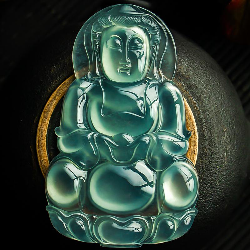 玻璃种观音挂件翡翠a货 收藏品天然玉翠满色观音带证书25.08g