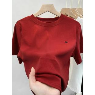 纯棉短袖T恤女2024夏季新款宽松显瘦红色体恤衫正肩圆领刺绣上衣
