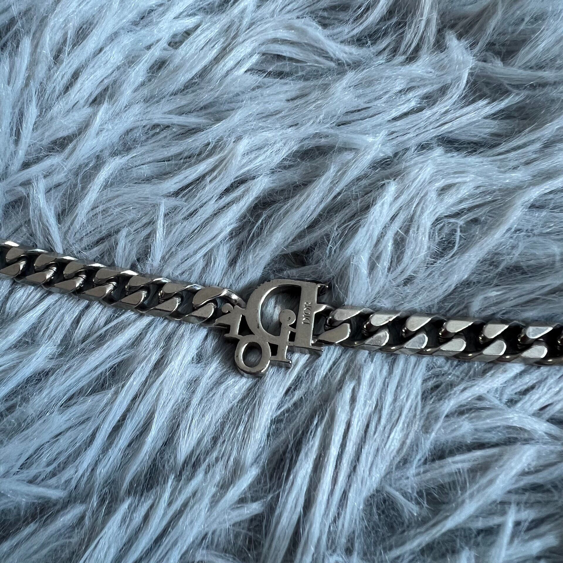 Dior Silver Rhinestone 'D' Charm Bracelet — label