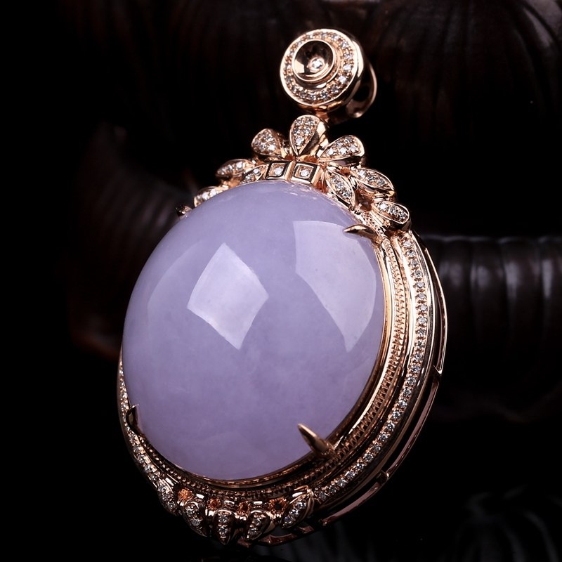 拍卖18k金伴钻镶a货翡翠水润紫罗兰大戒面吊坠-16.43g