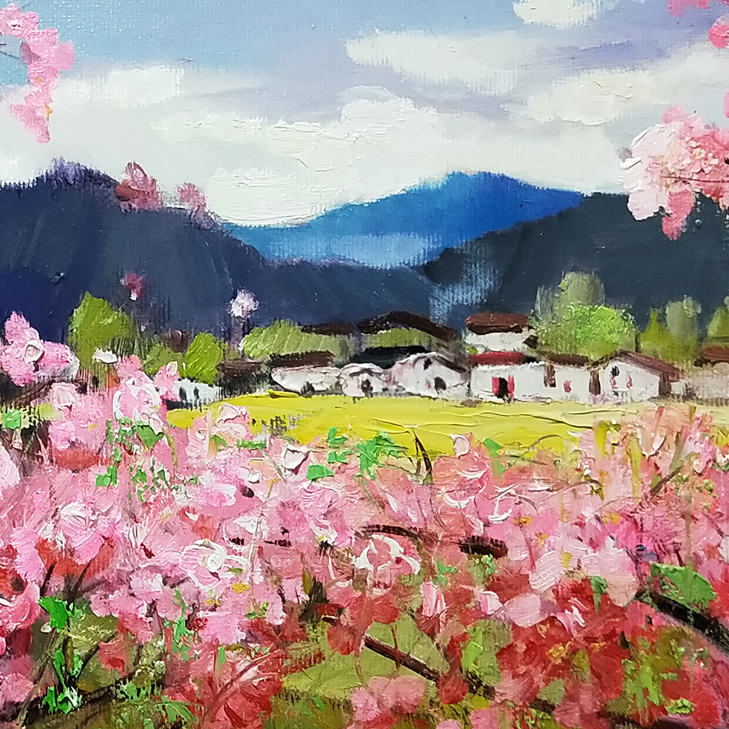 a【国家一级美术师】黄耀德《风景 桃花》布面油画