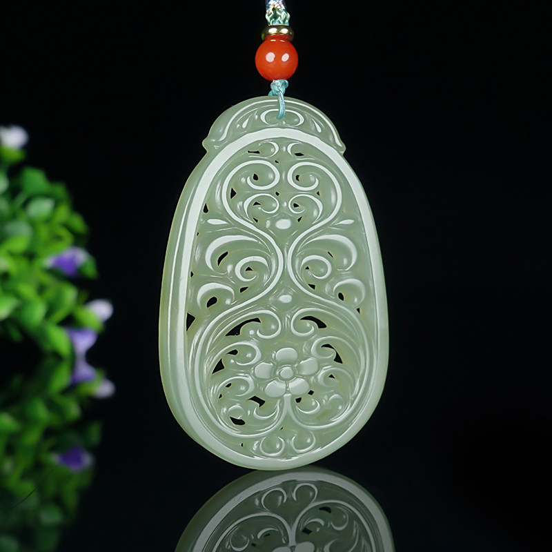 时晓铎玉雕工作室  天然和田玉青玉双面镂空挂件吊坠吉祥如意大师时